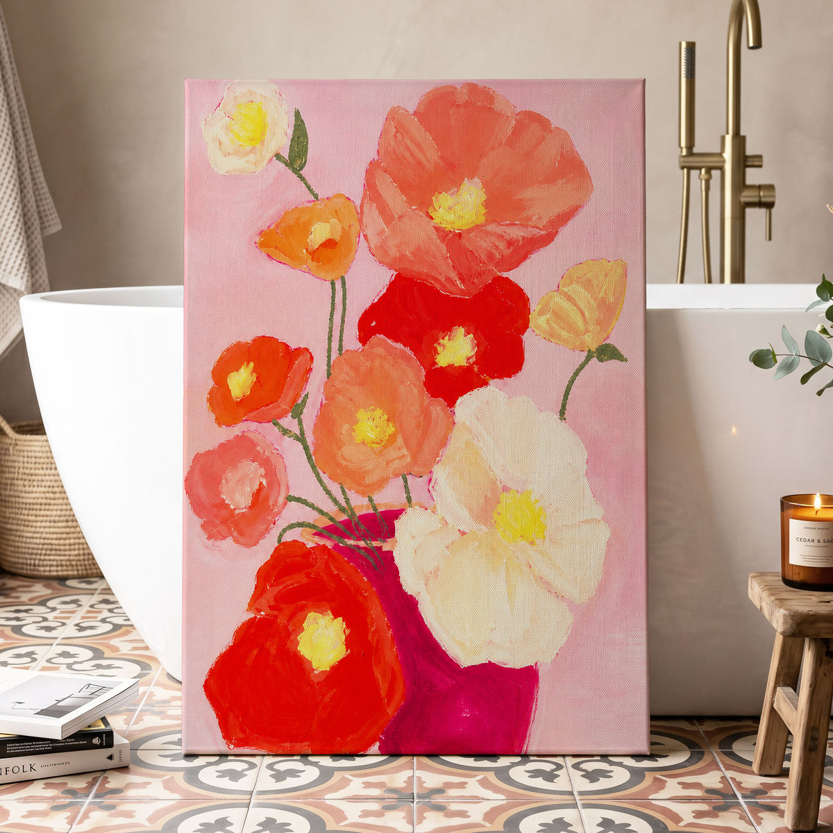 Scarlet Blush Bouquet, pink, red, orange floral wall art displayed in a styled interior, gallery view 7
