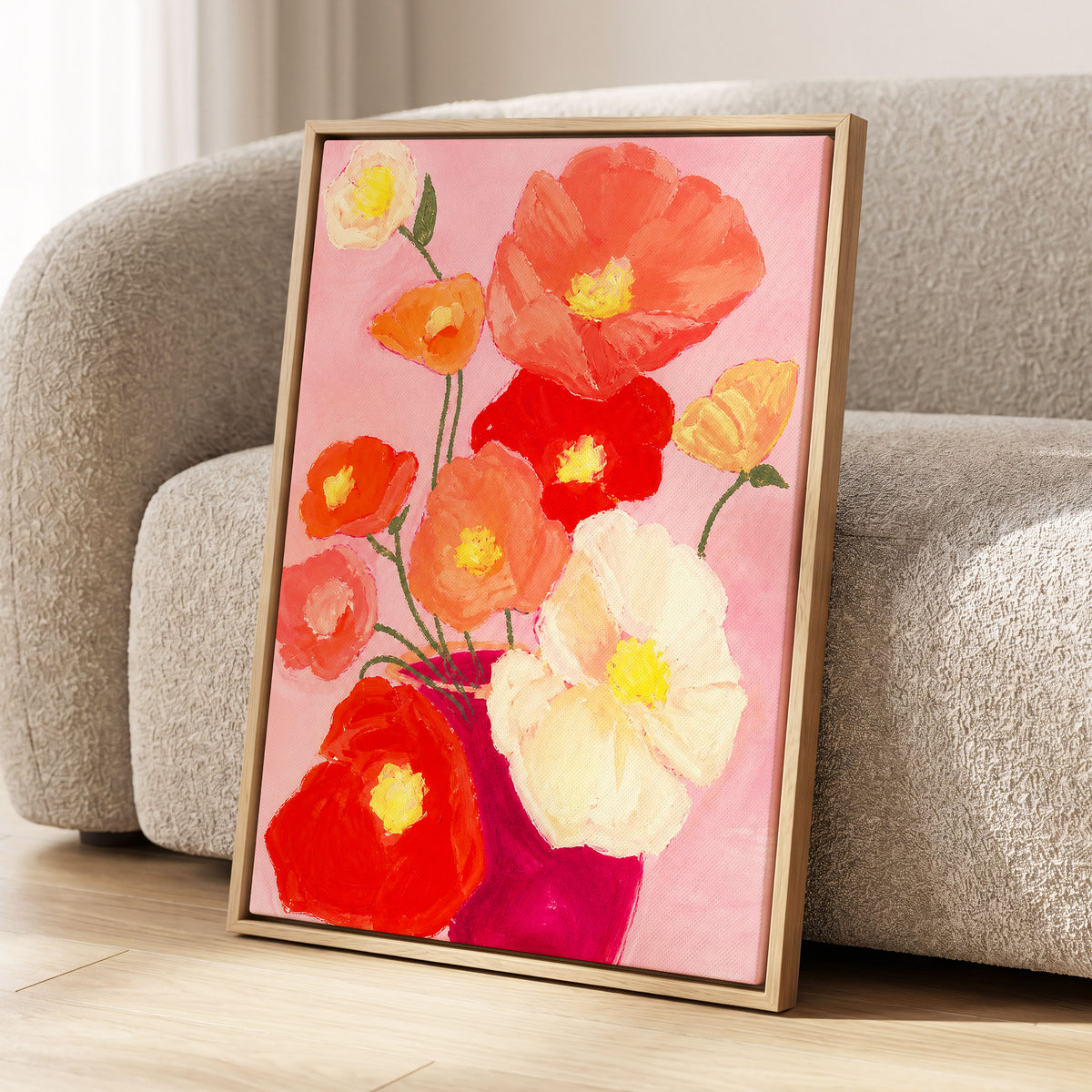 Scarlet Blush Bouquet, pink, red, orange floral wall art displayed in a styled interior, gallery view 8