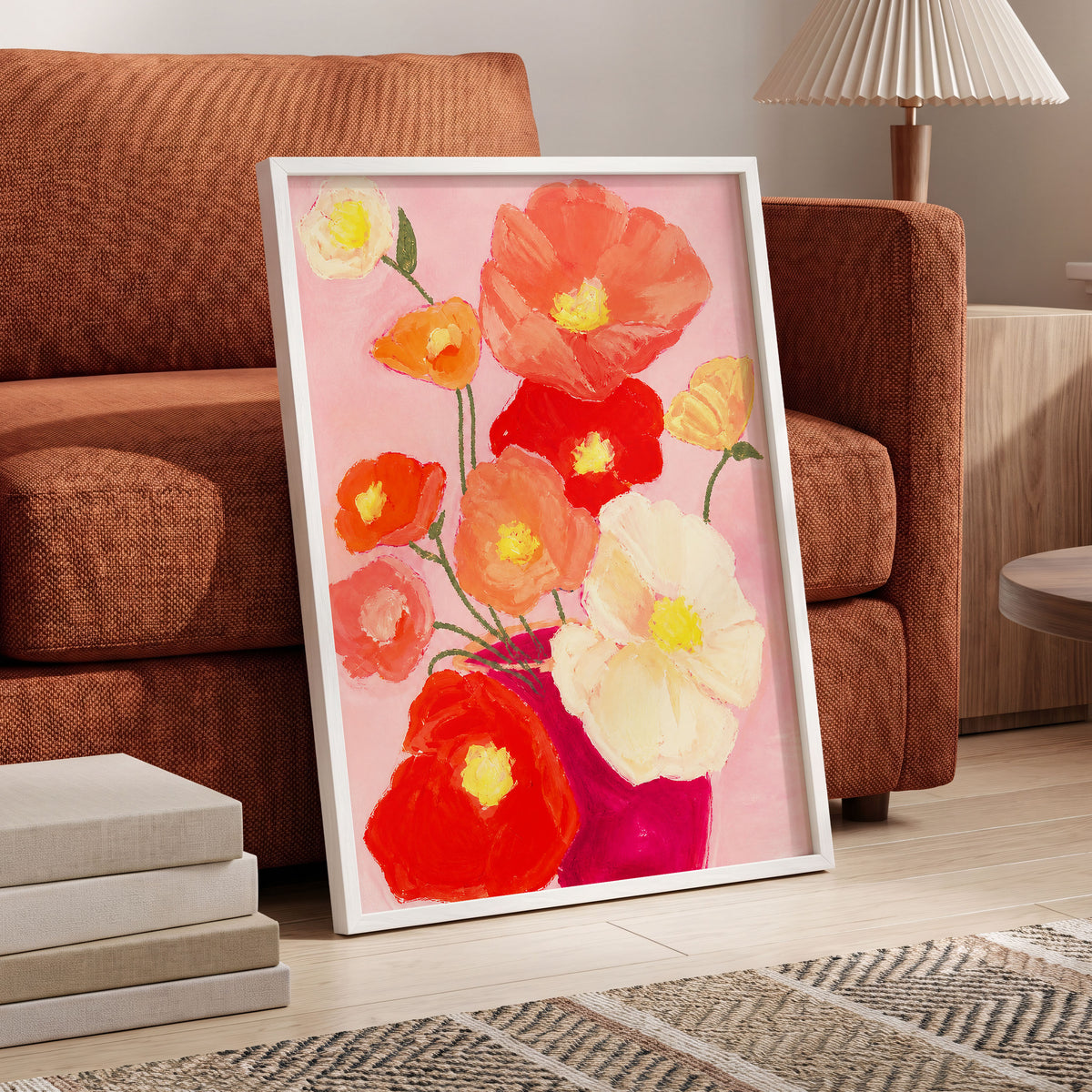Scarlet Blush Bouquet, pink, red, orange floral wall art displayed in a styled interior, gallery view 9