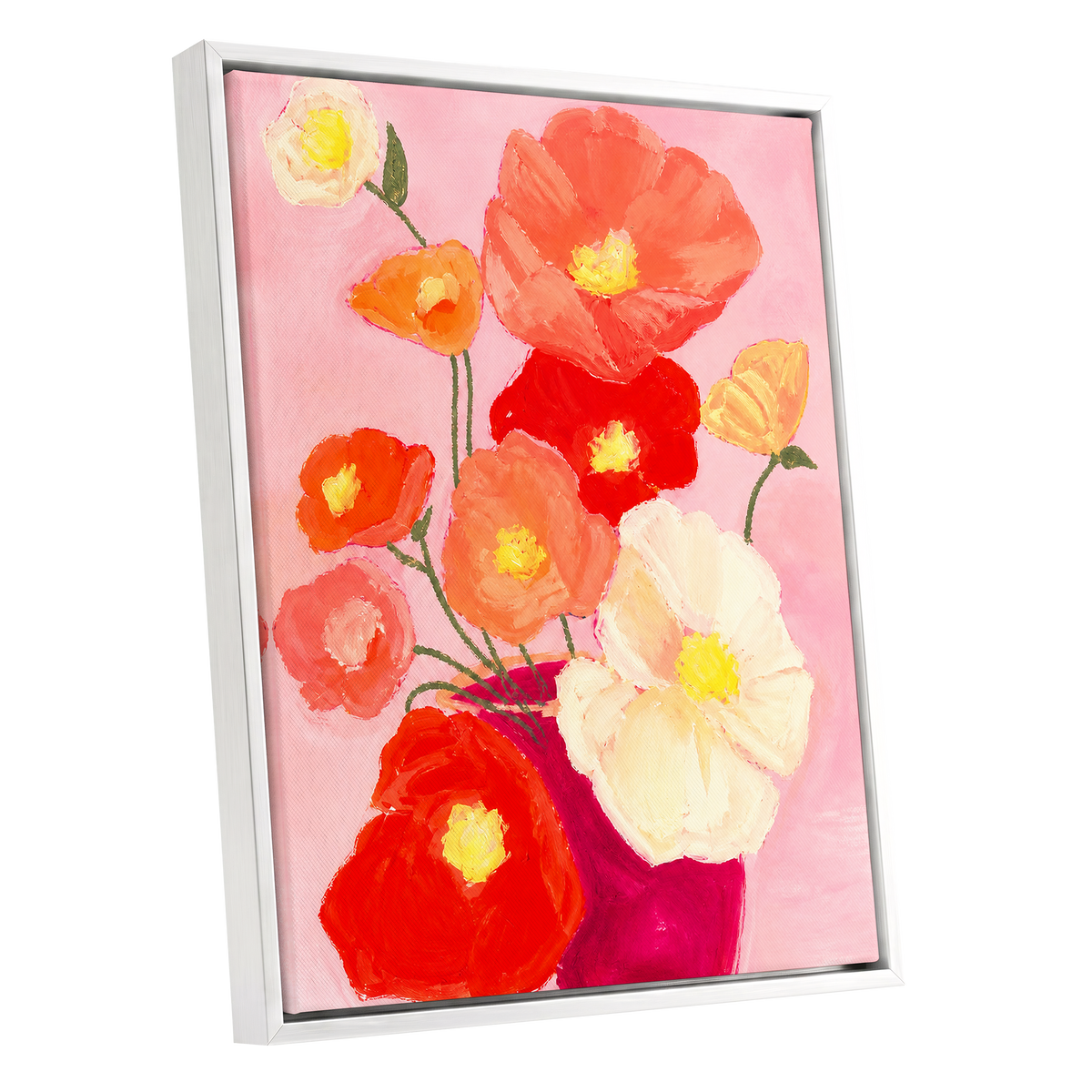 Scarlet Blush Bouquet, pink, red, orange floral wall art shown as a white framed canvas wall art