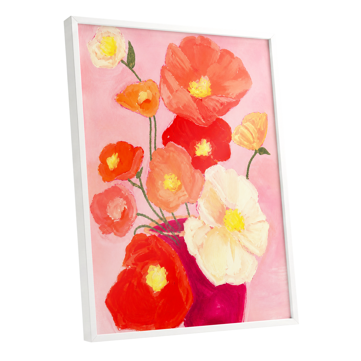 Scarlet Blush Bouquet, pink, red, orange floral wall art shown as a white framed poster wall art print