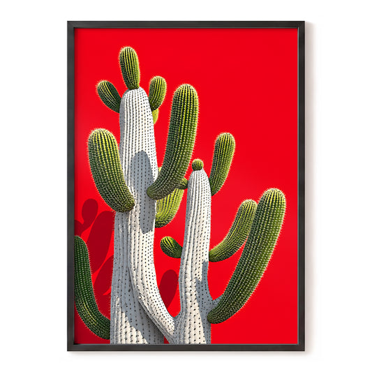 Scarlet Cactus Chorus, red, green, white nature wall art, front artwork view