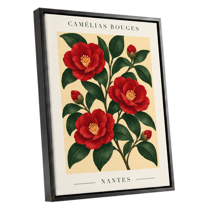 Scarlet Camellias, red, green, beige floral wall art shown as a black framed canvas wall art