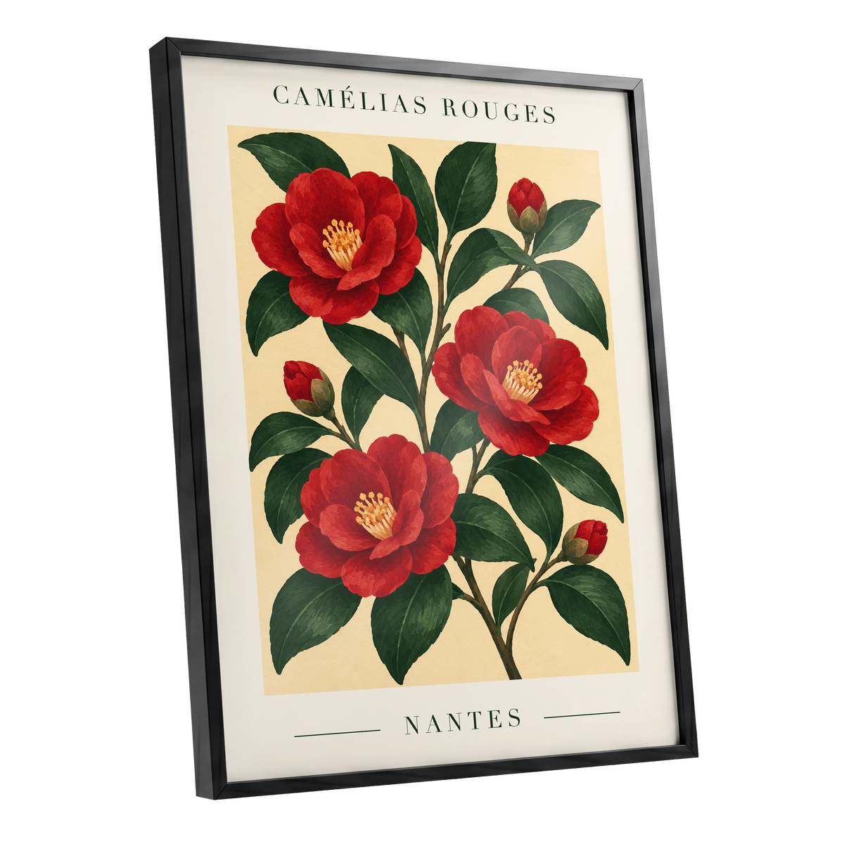 Scarlet Camellias, red, green, beige floral wall art shown as a black framed poster wall art print