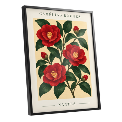 Scarlet Camellias, red, green, beige floral wall art shown as a black framed poster wall art print