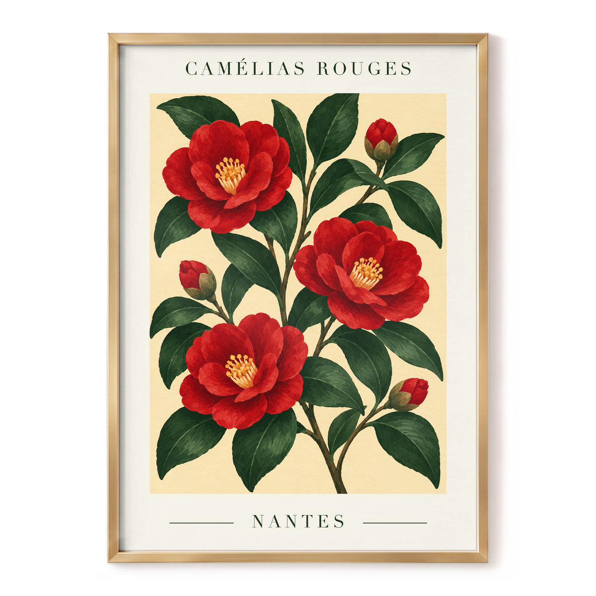 Scarlet Camellias, red, green, beige floral wall art, front artwork view