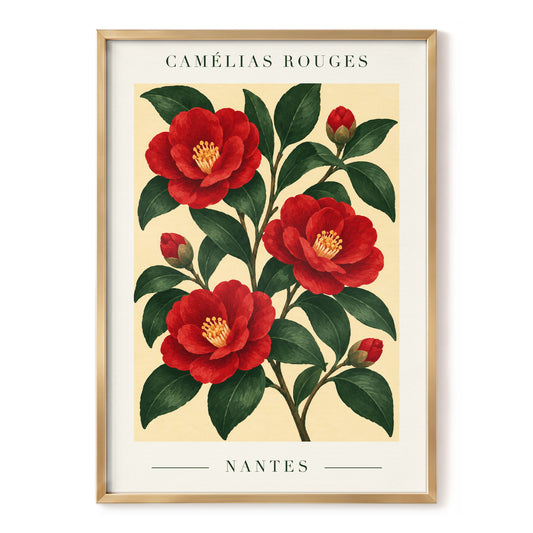 Scarlet Camellias, red, green, beige floral wall art, front artwork view