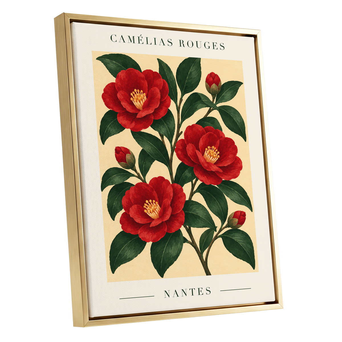 Scarlet Camellias, red, green, beige floral wall art shown as a gold framed canvas wall art