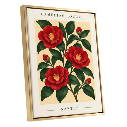 Scarlet Camellias, red, green, beige floral wall art shown as a gold framed canvas wall art