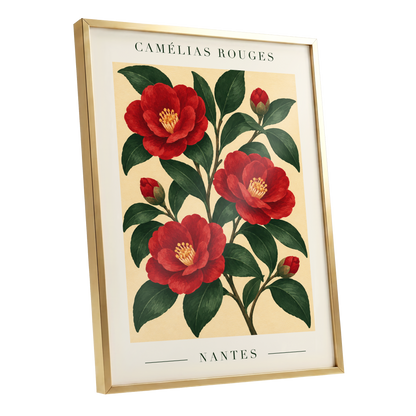 Scarlet Camellias, red, green, beige floral wall art shown as a gold framed poster wall art print