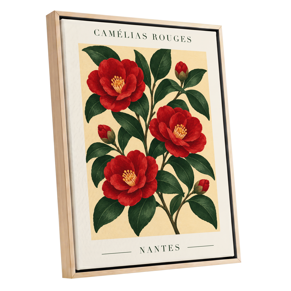 Scarlet Camellias, red, green, beige floral wall art shown as a oak framed canvas wall art