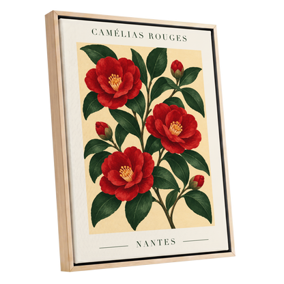 Scarlet Camellias, red, green, beige floral wall art shown as a oak framed canvas wall art