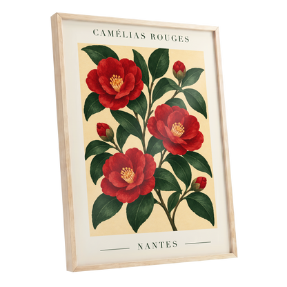 Scarlet Camellias, red, green, beige floral wall art shown as a oak framed poster wall art print