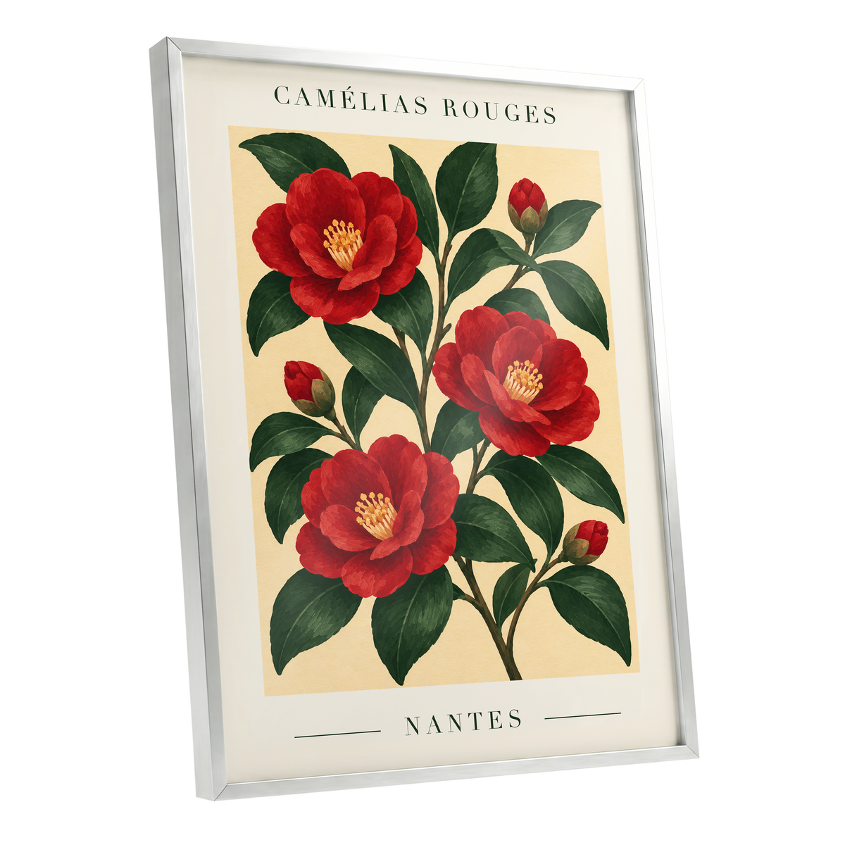 Scarlet Camellias, red, green, beige floral wall art shown as a silver framed poster wall art print