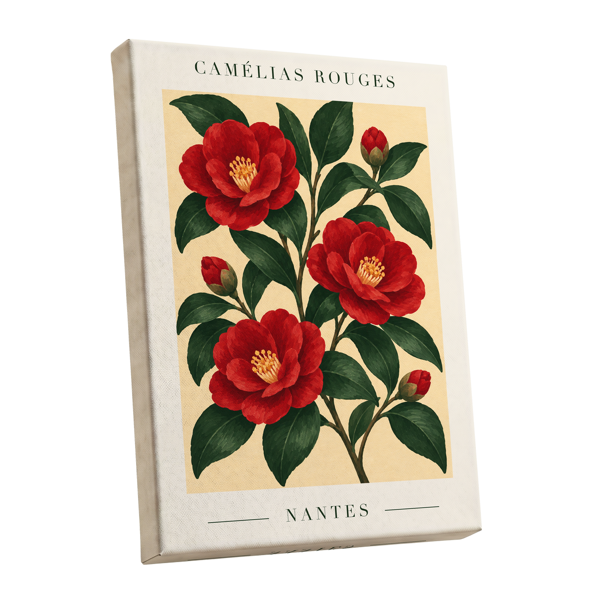 Scarlet Camellias, red, green, beige floral wall art shown as a stretched canvas wall art