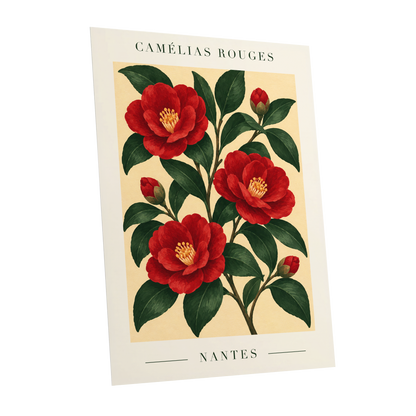Scarlet Camellias, red, green, beige floral wall art shown as a unframed poster wall art print