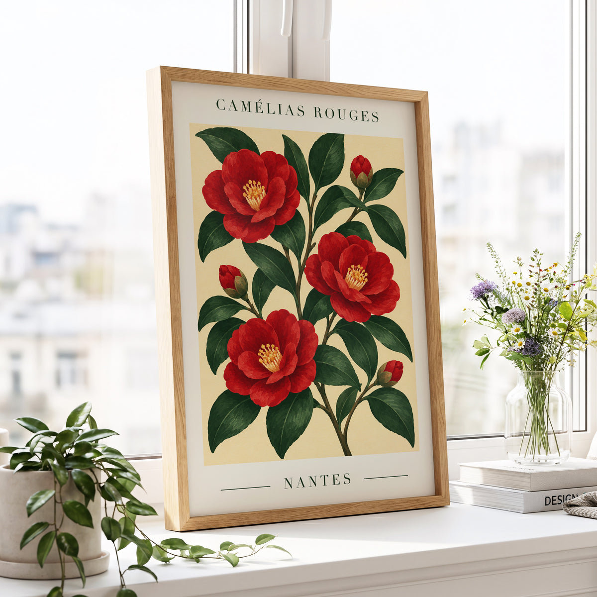 Scarlet Camellias, red, green, beige floral wall art displayed in a styled interior, gallery view 2