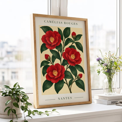 Scarlet Camellias, red, green, beige floral wall art displayed in a styled interior, gallery view 2