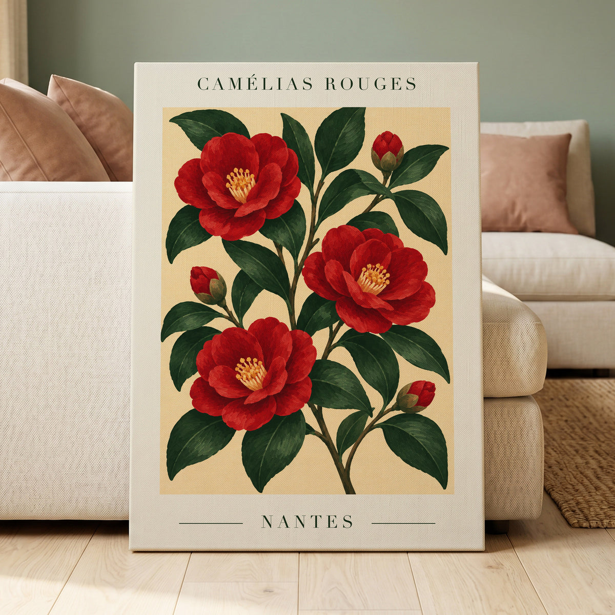 Scarlet Camellias, red, green, beige floral wall art displayed in a styled interior, gallery view 3