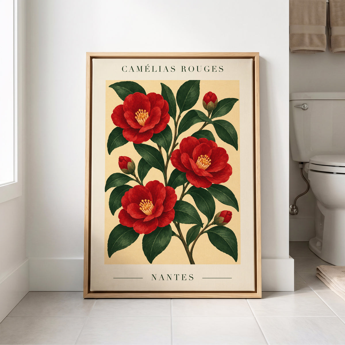 Scarlet Camellias, red, green, beige floral wall art displayed in a styled interior, gallery view 4