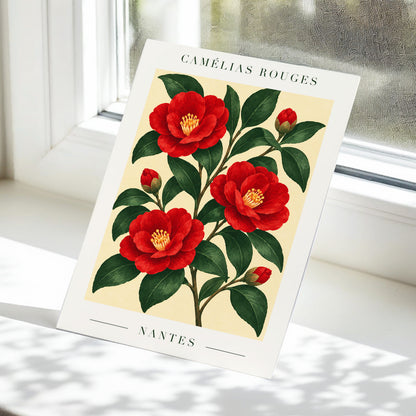 Scarlet Camellias, red, green, beige floral wall art displayed in a styled interior, gallery view 5