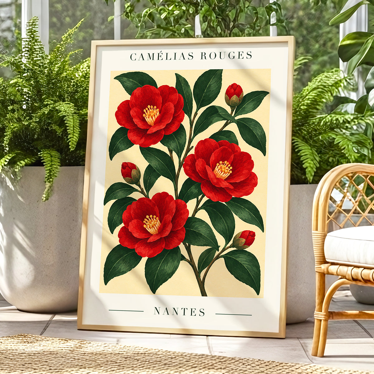 Scarlet Camellias, red, green, beige floral wall art displayed in a styled interior, gallery view 6