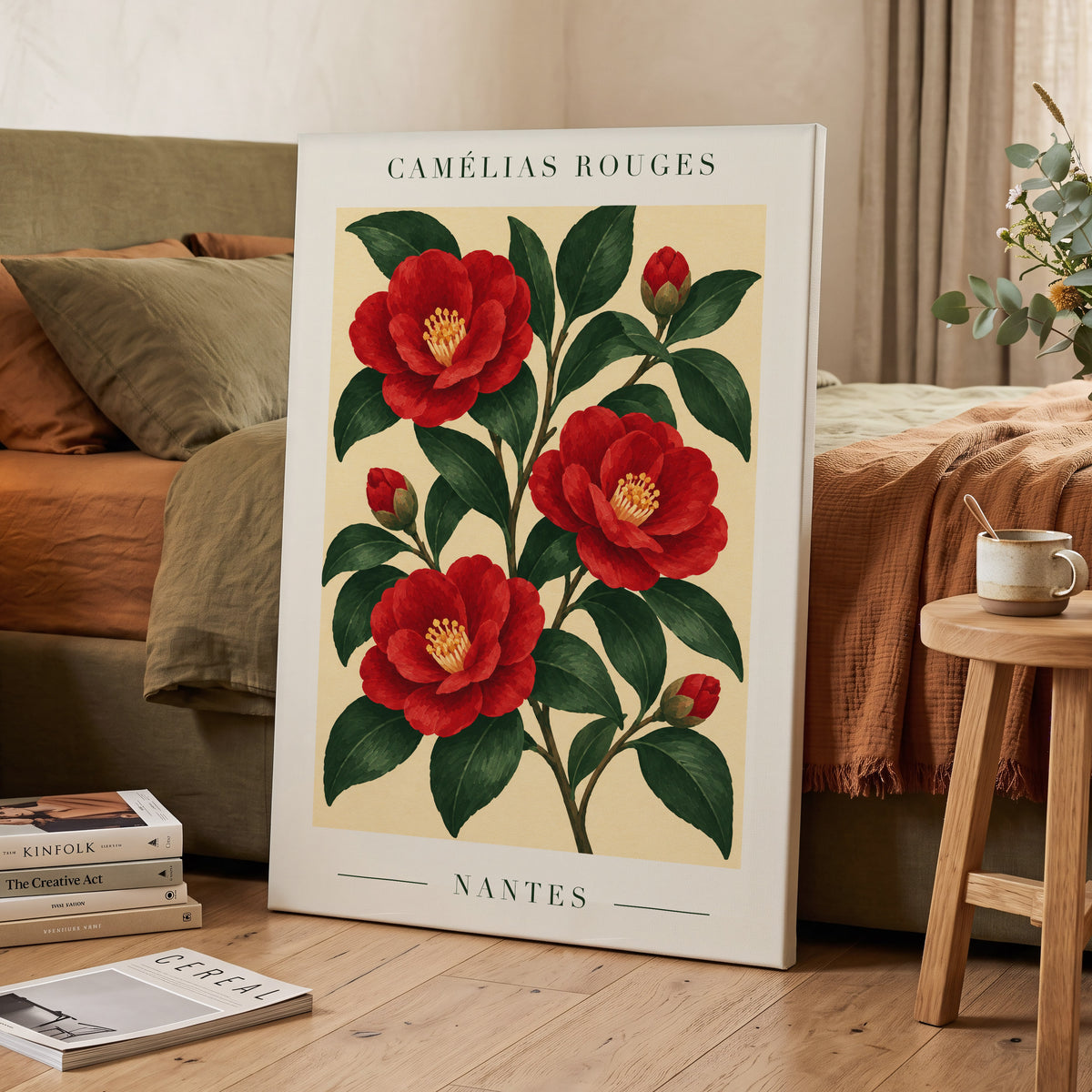 Scarlet Camellias, red, green, beige floral wall art displayed in a styled interior, gallery view 7