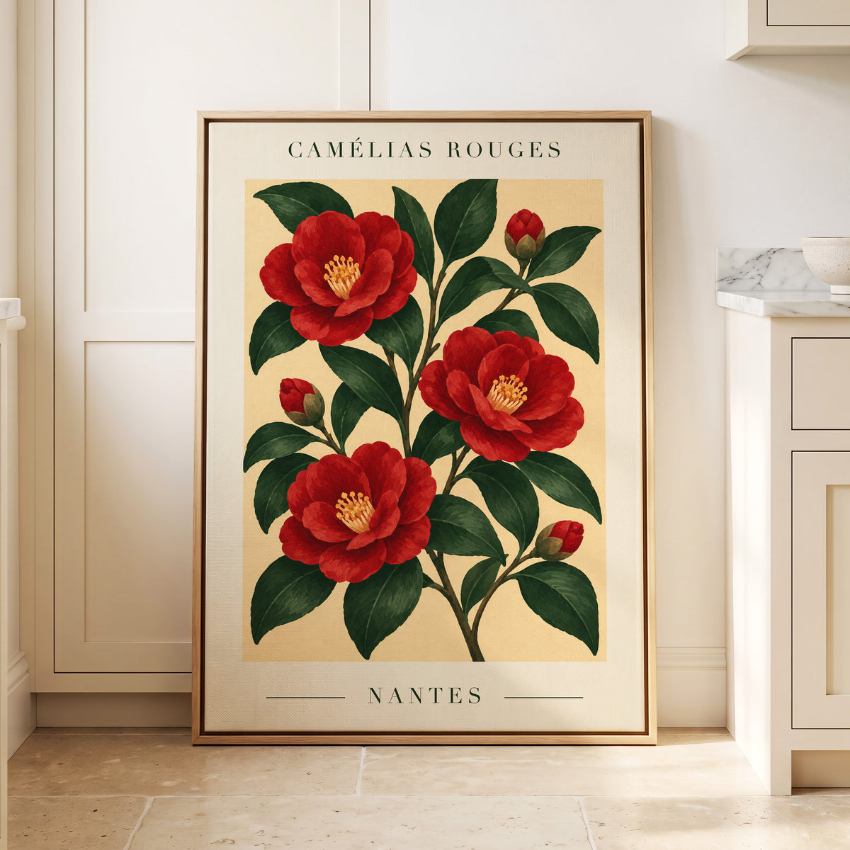 Scarlet Camellias, red, green, beige floral wall art displayed in a styled interior, gallery view 8