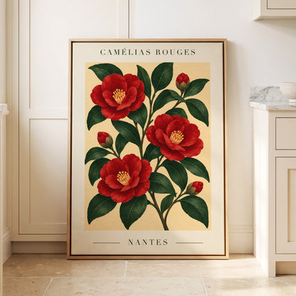 Scarlet Camellias, red, green, beige floral wall art displayed in a styled interior, gallery view 8