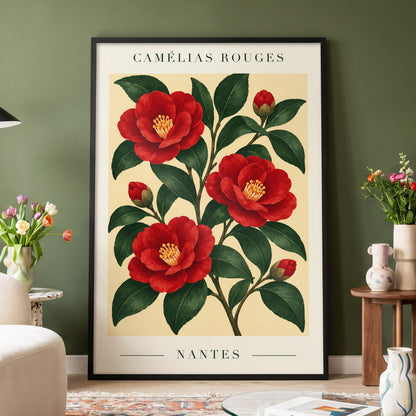 Scarlet Camellias, red, green, beige floral wall art displayed in a styled interior, gallery view 9