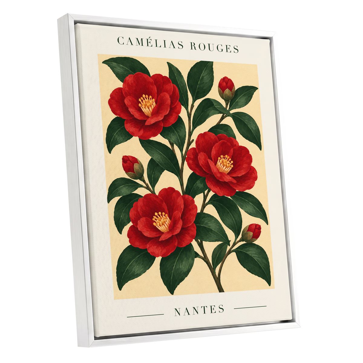 Scarlet Camellias, red, green, beige floral wall art shown as a white framed canvas wall art