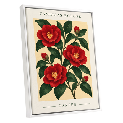 Scarlet Camellias, red, green, beige floral wall art shown as a white framed canvas wall art