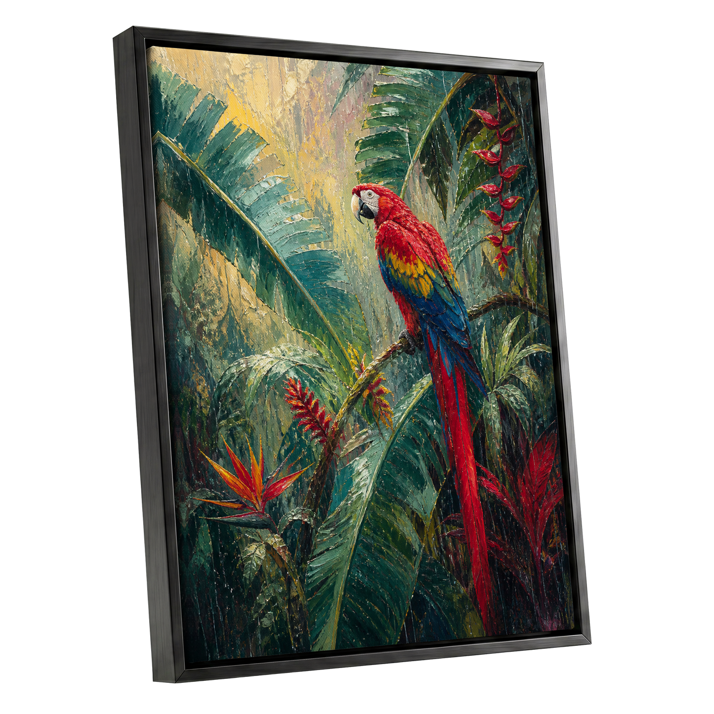 Scarlet Canopy, green, red, beige nature wall art shown as a black framed canvas wall art