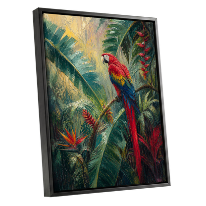 Scarlet Canopy, green, red, beige nature wall art shown as a black framed canvas wall art