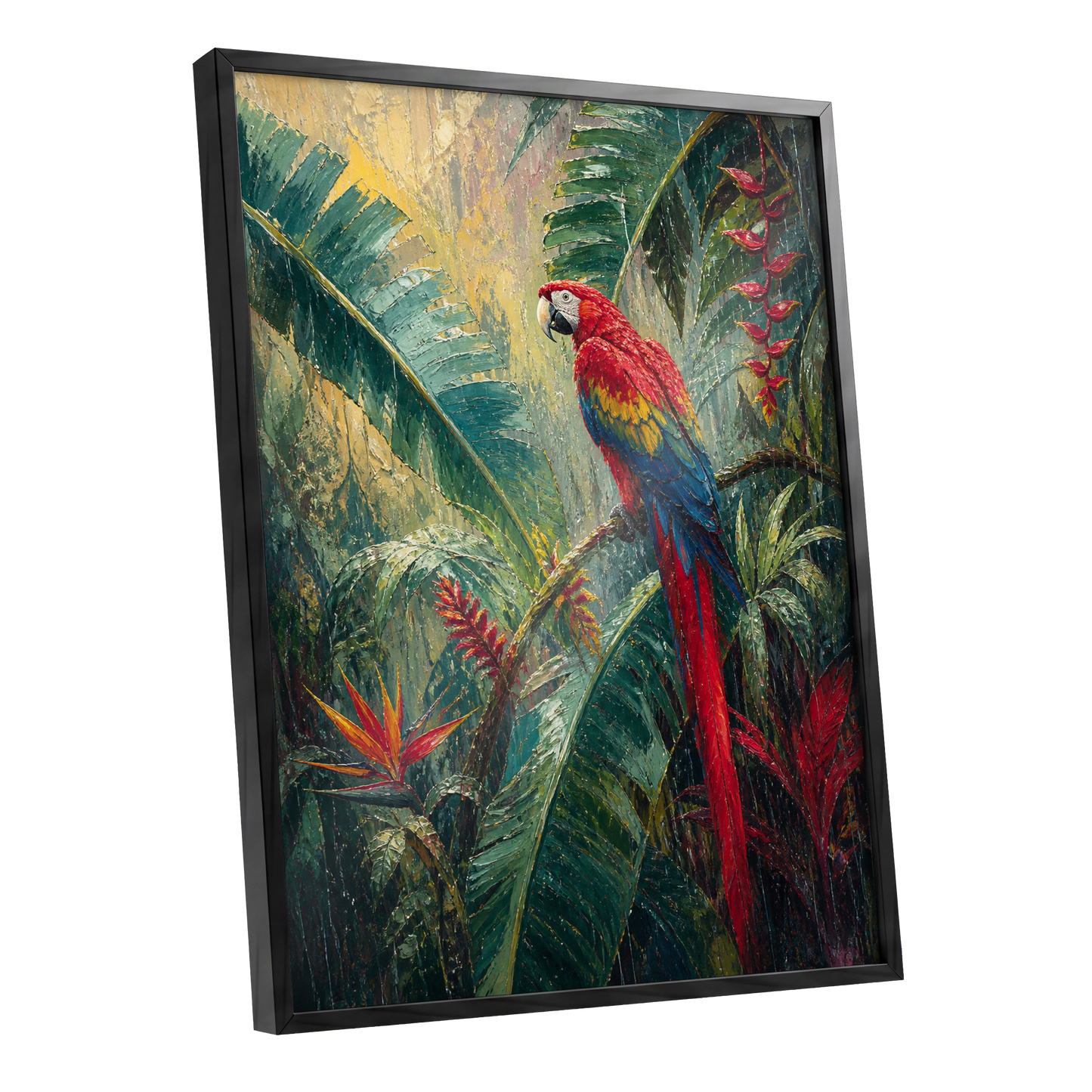 Scarlet Canopy, green, red, beige nature wall art shown as a black framed poster wall art print