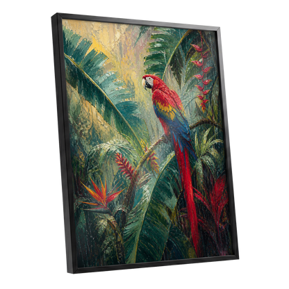 Scarlet Canopy, green, red, beige nature wall art shown as a black framed poster wall art print