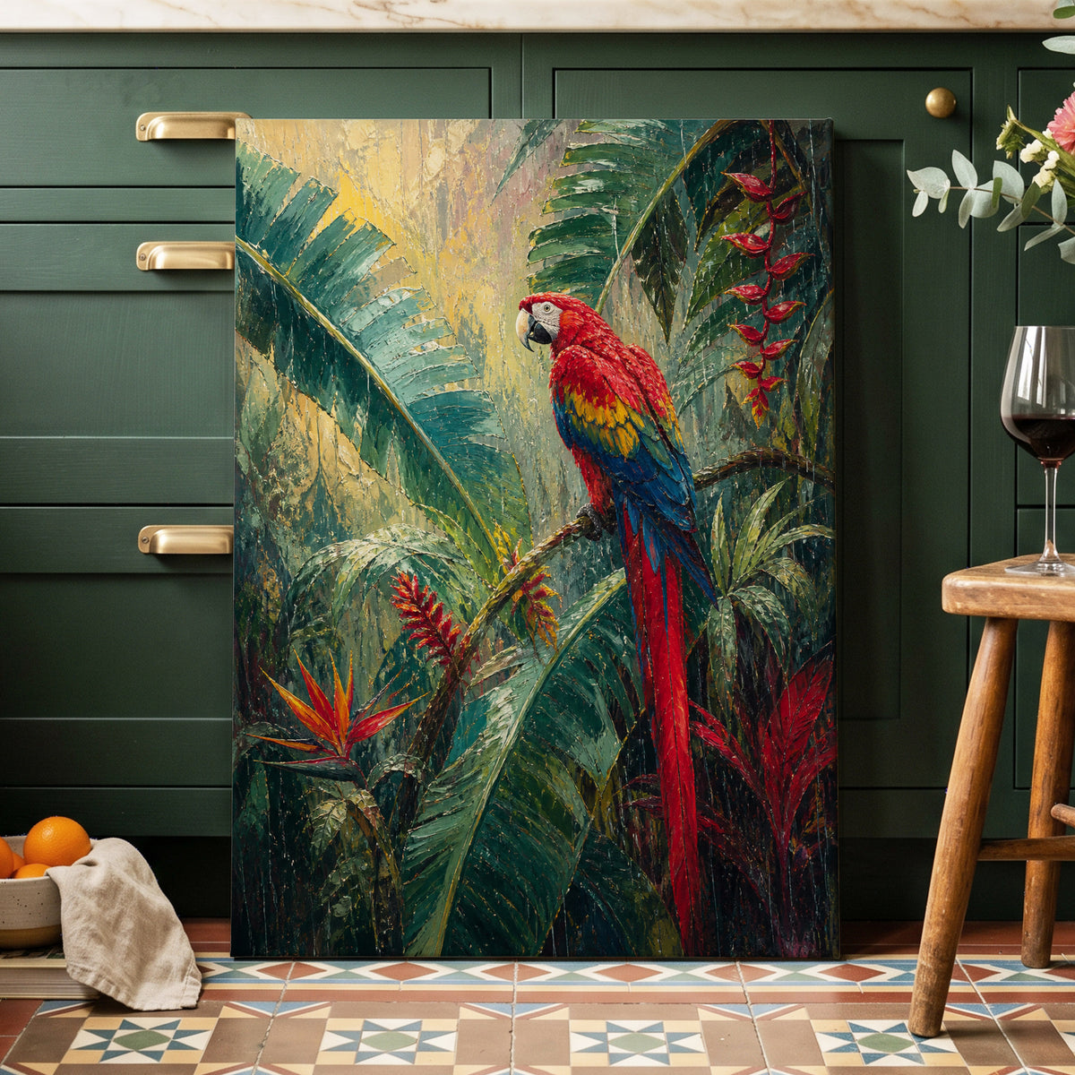 Scarlet Canopy, green, red, beige nature wall art on canvas displayed in a styled interior, gallery view 1