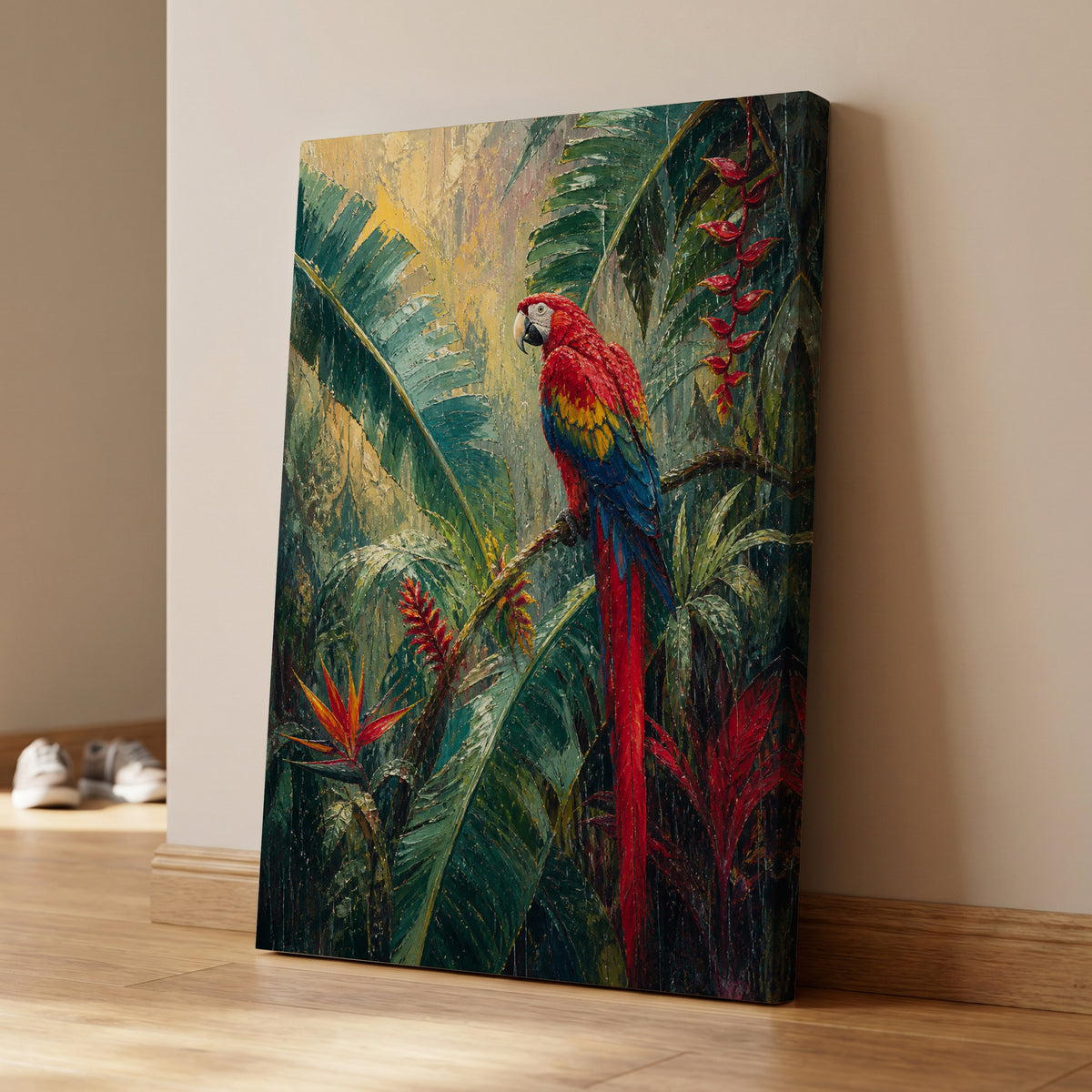 Scarlet Canopy, green, red, blue nature wall art on canvas displayed in a styled interior, gallery view 1