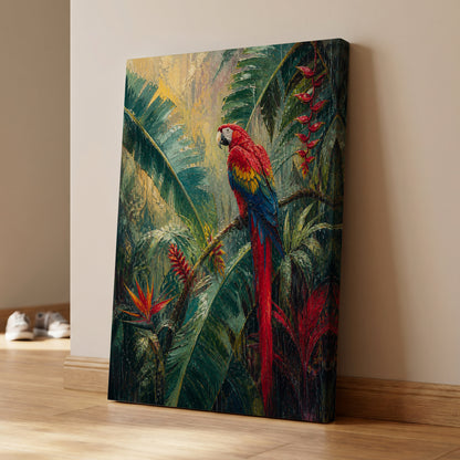 Scarlet Canopy, green, red, blue nature wall art on canvas displayed in a styled interior, gallery view 1