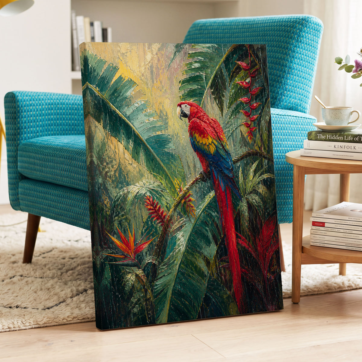 Scarlet Canopy, green, red, beige nature wall art on canvas displayed in a styled interior, gallery view 2