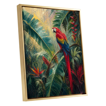 Scarlet Canopy, green, red, blue nature wall art shown as a gold framed canvas wall art