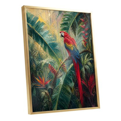 Scarlet Canopy, green, red, beige nature wall art shown as a gold framed poster wall art print