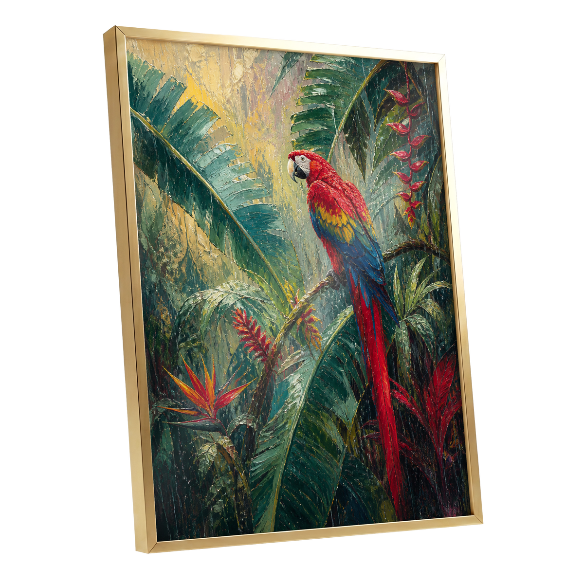 Scarlet Canopy, green, red, blue nature wall art shown as a gold framed poster wall art print