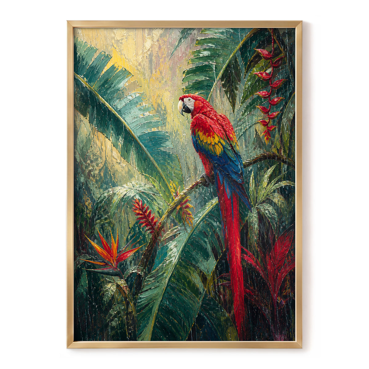 Scarlet Canopy, green, red, blue nature wall art, front artwork view