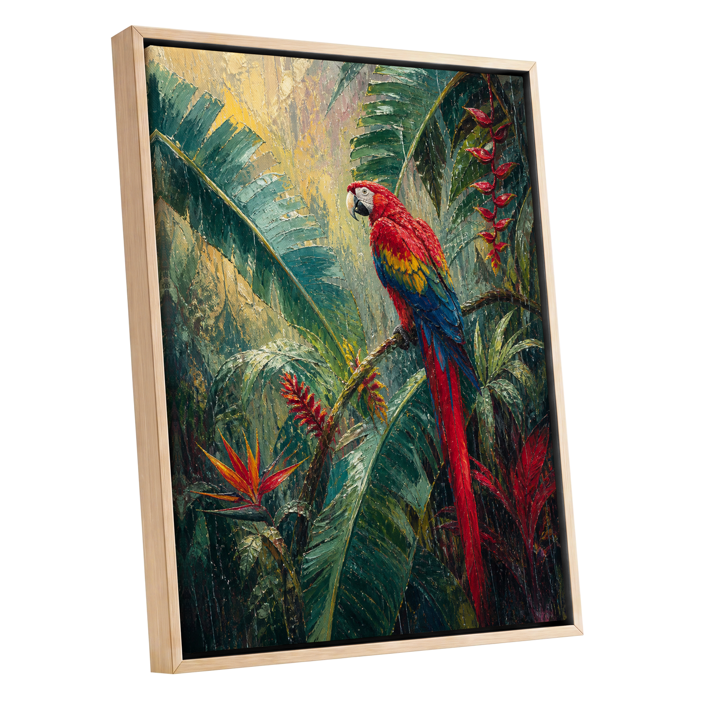 Scarlet Canopy, green, red, beige nature wall art shown as a oak framed canvas wall art