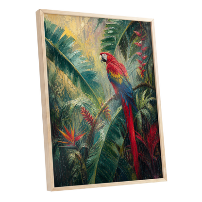 Scarlet Canopy, green, red, beige nature wall art shown as a oak framed poster wall art print