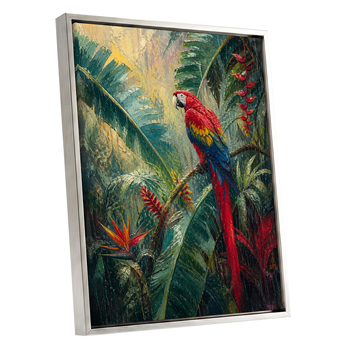 Scarlet Canopy, green, red, blue nature wall art shown as a silver framed canvas wall art