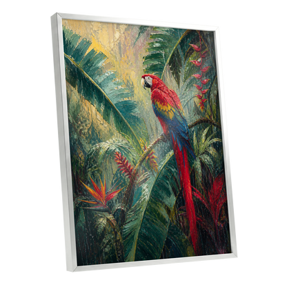 Scarlet Canopy, green, red, blue nature wall art shown as a silver framed poster wall art print