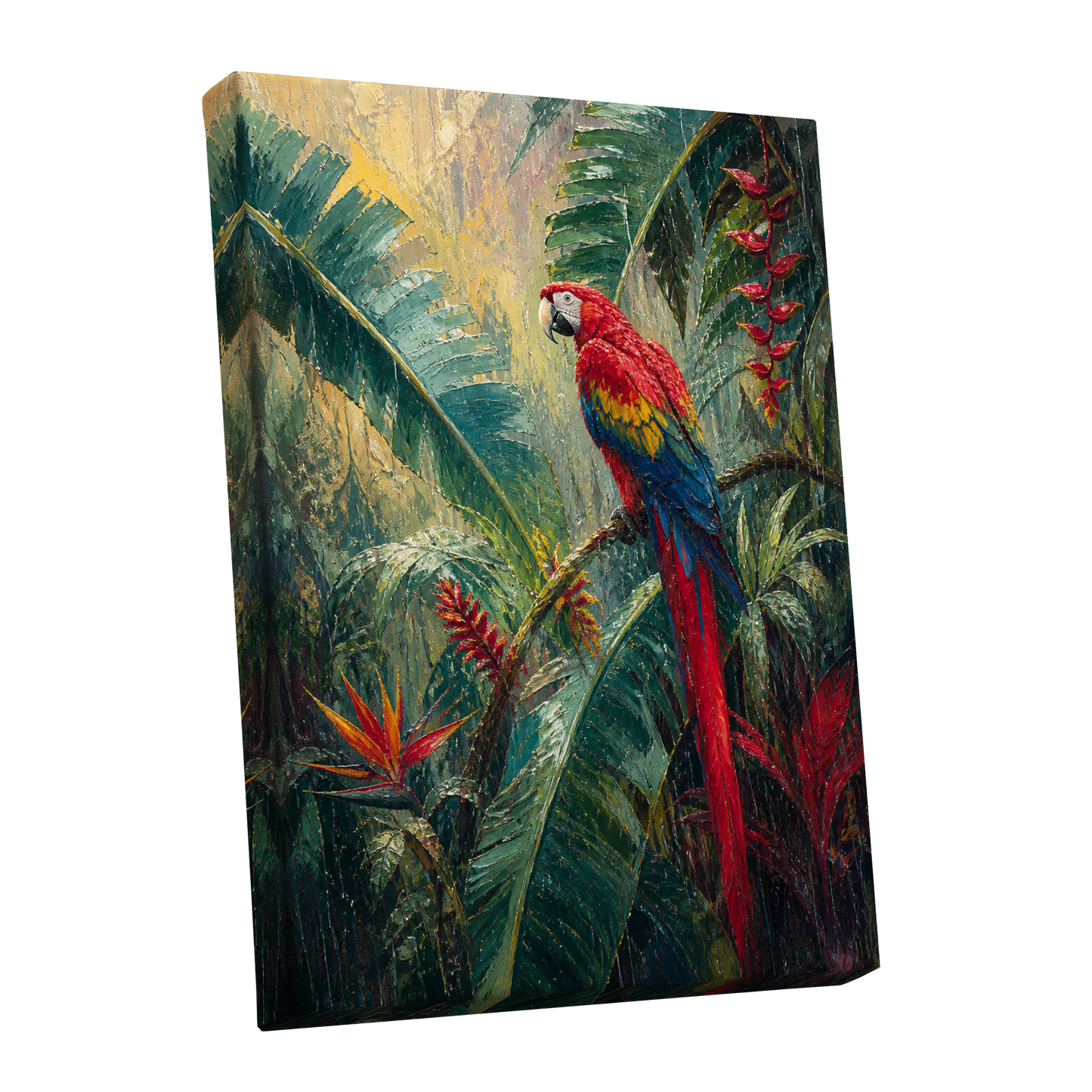 Scarlet Canopy, green, red, beige nature wall art shown as a stretched canvas wall art