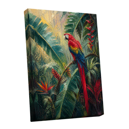 Scarlet Canopy, green, red, beige nature wall art shown as a stretched canvas wall art